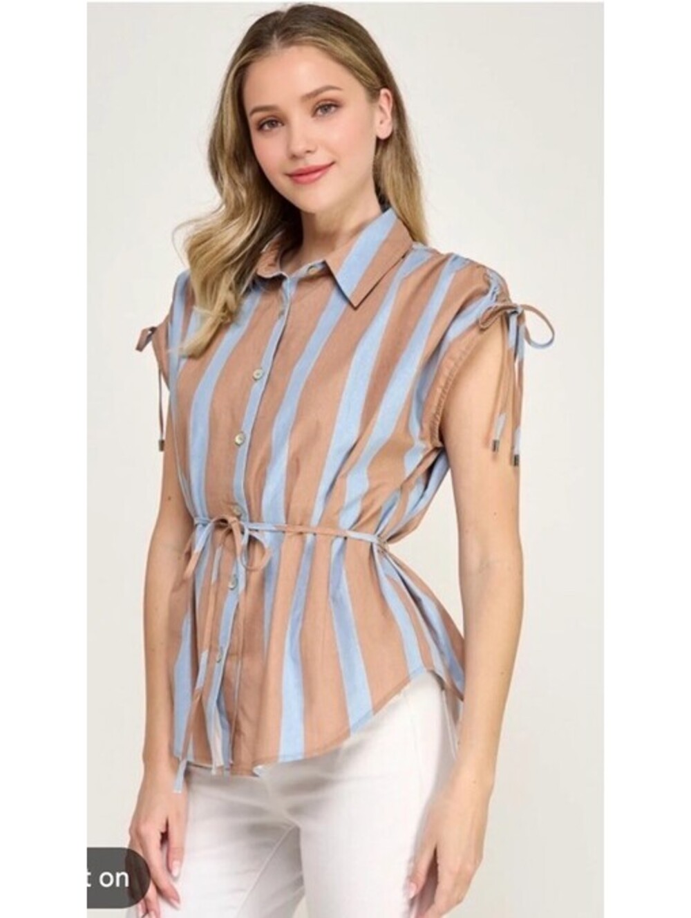 Zara Laced Striped Shirt Brown And Blue Sz S-100% Organic Cotton